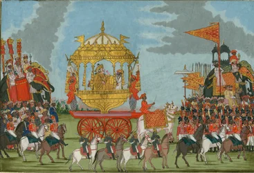 Radscha von Tanjore reitet auf einem Elefanten zu einer Hochzeitszeremonie, ca. 1780