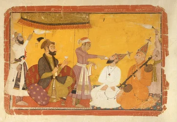 Gosain Narayan nimmt Gift in Anwesenheit von Kaiser Jahangir, Nurpur, Pahari-Schule, 1725