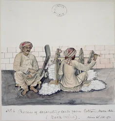 Zwei Männer beim Entkernen von Baumwolle, Bombay, ca. 1873