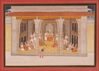 Ein König im Durbar in einem Pavillon