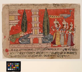 Ein Mann klettert an der Seite eines Palastes und beobachtet Gopis über einen Teich mit einer Pagode