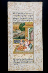 Ein Mann umwirbt eine Frau in einer Boudoir-Szene, Rajasthani-Miniaturmalerei