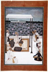 Ein Adliger hört Musik unter einem Baldachin auf einer Terrasse am See, ca. 1680