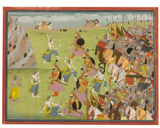Ein Gemälde aus dem Mahabharata: Balabhadra kämpft gegen Jarasandha, Kangra oder Garhwal, ca. 1810-20