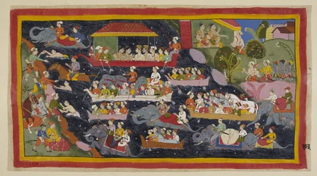 Die beiden Prinzen haben nun beschlossen, Asketengewänder wie ihre verbannten Brüder zu tragen. Noch in ihrem Lager auf der rechten Seite sagt Bharata zu Guha, er solle genug Boote holen, um sie alle auf das gegenüberliegende Ufer des Ganges zu bringen, ca