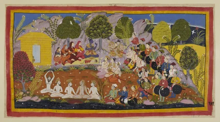 Rama sitzt auf einer Matte und Bharata drängt ihn weiterhin, nach Ayodhya zurückzukehren, um gekrönt zu werden