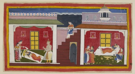 Add 15296 (1) f.22r, Manthara steigt von oben herab, geht rechts in Kaikeyis Schlafgemach und weckt sie mit der Nachricht von der bevorstehenden Krönung. Kaikeyi ist zunächst hocherfreut, erhebt sich und überreicht Manthara eine Halskette, die sie von