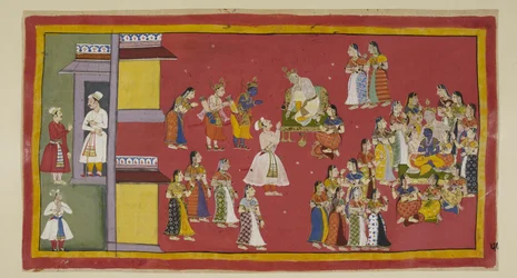 Add 15296 (1) f.50r, Dasaratha hatte zuvor Sumantra befohlen, seine Königinnen und alle seine Frauen zu rufen, die nun den König umgeben, als Sumantra die Verbannten hereinbringt, um sich zu verabschieden. Dasaratha versucht, Rama davon abzuhalten, in den 