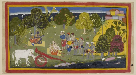 Die Gefährten haben den Fluss Ganga bei Srngaverapura erreicht. Rama und Sita sitzen auf einer Strohmatte unter einem Baum, der als Ingudi-Baum gedacht ist, während Laksmana und Sumantra ihnen gegenüber sitzen. Die Pferde sind abgespannt.