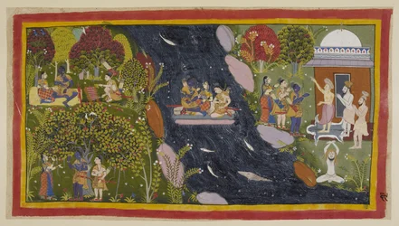 Bharadvāja, rechts in seiner Einsiedelei, berät die Reisenden über den Weg nach Citrakuta. In der Mitte überqueren sie die Yamuna auf einem improvisierten Floß, wobei Sita erneut zur Göttin des Flusses für eine sichere Rückkehr betet