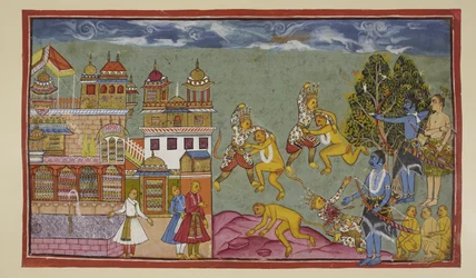 Add 15296 (2) f.18r, Vor dem Palast, Sugriva und Bali schlagen sich wütend mit Fäusten und Nägeln und reißen dann Bäume und Felsen aus, aber Bali ist der Stärkere und langsam wird Sugriva gezwungen, zurückzuweichen. Als Rama sieht, dass Sugriva verliert, g