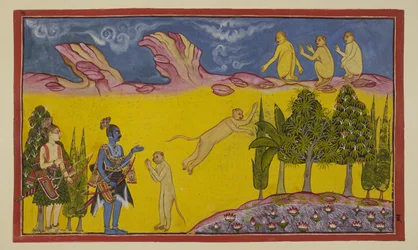 Sugriva ist zunächst erschrocken und denkt, dass diese bewaffneten Krieger von seinem usurpierenden Bruder Bāli geschickt wurden, um ihn zu vernichten. Er schickt seinen klugen Minister Hanuman, um mehr über die beiden Fremden herauszufinden. Hanuman stell