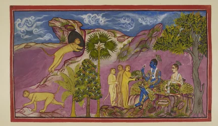 Sugriva erzählt Rama, dass er gesehen hat, wie Sita von Ravana in einem Streitwagen entführt wurde, kämpfend und die Namen von Rama und Laksmana rufend. Als sie ihn unten sah, ließ sie ihre Juwelen und ein Obergewand fallen. Sugriva rennt zu einer Höhle.