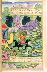 Bahram Gur zeigt seine Tapferkeit beim Jagen mit Azad, Folio 107a, aus Die Acht Paradiese, geschrieben von Amir Khusrau Dihlavi (1253-1325) basierend auf der Geschichte aus dem Khamsa (Quintett) von Nizami, Mughal