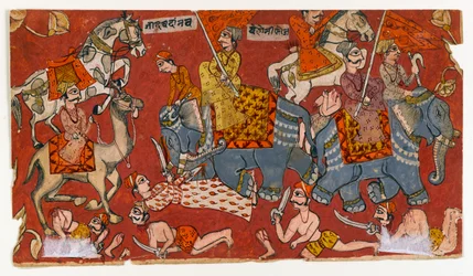 Kampfszene aus einer Bhagavata Purana Serie, ca. 1625-50