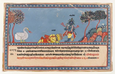 Brahma verehrt Krishna, Seite aus einer verstreuten Bhagavata Purana-Serie, ca. 1800