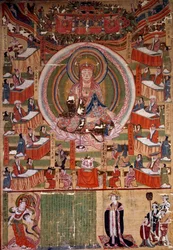 Buddhismus: Der Bodhisattva Ti-tsang, Meister der Sechs Zustände und Zehn Könige der Hölle. Gemälde von 983, Indien. Paris, Guimet Museum, Nationalmuseum für Asiatische Kunst