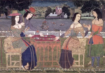 Europäer erfrischen sich auf einem Balkon, Mughal, möglicherweise Deccan (Deckfarben auf Papier)