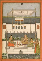 Abendgesellschaft im Garten eines Mogulpalastes, Lucknow oder Murshidabad, Westbengalen, 1760