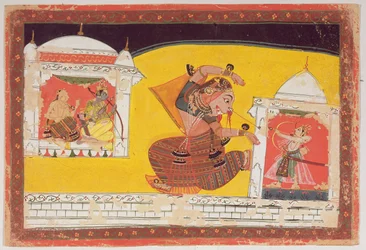 Laksmama schneidet Surpanakha die Nase ab, aus dem Ramayana, auf der Rückseite in Devanagari beschriftet, Malwa, Rajput-Schule, spätes 17. Jahrhundert