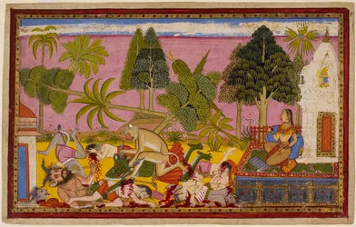 Hanuman greift die Dämonen an, zerstört den Lustgarten und besiegt Ravanas Truppen, während Sita zusieht