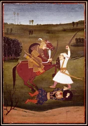 Indische Kunst: „Schlacht zwischen einem Prinzen zu Pferd und einem Krieger“ Miniatur der Schule von Bikaner (1765)