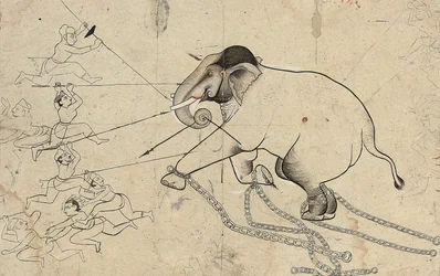 Isarda oder Kotah vorbereitende Zeichnung der Zähmung eines Elefanten, ca. 1720