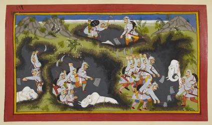 König Sagaras Söhne graben die Erde aus und finden vier tragende Elefanten