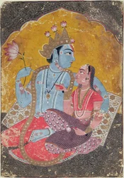 Krishna und Radha (ca. 1690-1700) (deckende Wasserfarben mit geprägtem Gold auf Papier)