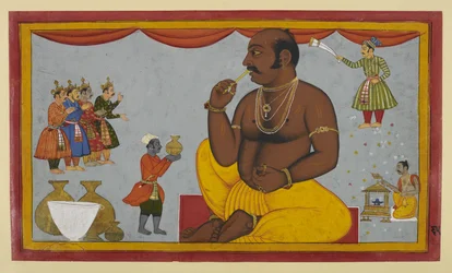 Kumbhakarṇa wird geweckt, um gegen Rāma zu kämpfen; Minister begleiten ihn mit Ritualen