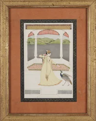 Dame, die einen Pfau mit einer Perlenkette anlockt, ca. 1800