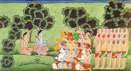 Lakshmana berät sich mit den Anführern der Affenheere, aus dem Ramayana