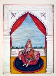 Maharani Chand Kaur, aus Das Königreich Punjab, seine Herrscher und Häuptlinge, Band I, ein Band mit 27 Aquarellstudien eines unbekannten indischen Künstlers, ca. 1840