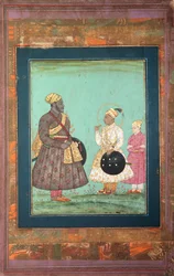 Murtaza Nizam Shah mit einem Schwarzen Wesir, möglicherweise Malik Ambar, und einem jüngeren Mann, um 1680