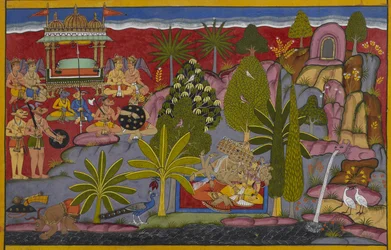 Auf dem Berg Kailasa greift Ravana Rambha an, trotz ihrer Bitten