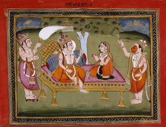 König Rama auf einem Thron, Illustration aus 