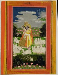 Radha und Krishna umarmen sich in einer idealisierten Landschaft mit Kühen, ca. 1780