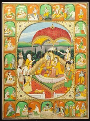 Rama und Sita auf dem Thron, verehrt von Shiva, Hanuman und anderen, 1800-20