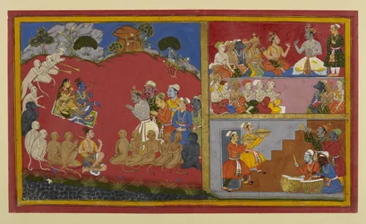 Rāma akzeptiert Huldigung, wartet aber auf die Rückkehr nach Ayodhyā; Vibhīṣaṇa veranstaltet einen Durbar für Affen- und Bärenführer