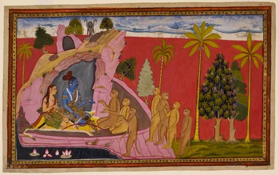 Rama und Lakshmana, auf einem Löwenfell sitzend, freuen sich über Hanumans Nachricht und Sitas Juwel, sind aber über ihr Schicksal betrübt und finden Trost in Sugriva