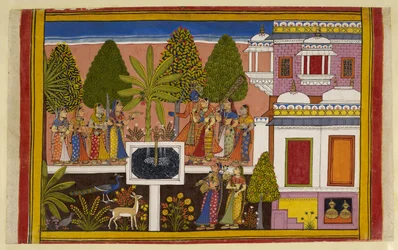 Rāma und Sītā entspannen sich im Aśoka-Hain, genießen Wein und Musik, umgeben von einem üppigen Garten