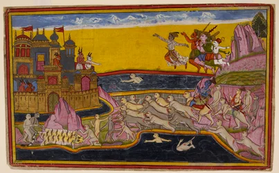 Rāma baut mit Hilfe des Affeningenieurs Nala eine Brücke über das Meer nach Laṅkā, die es den Affen und Dämonen ermöglicht, zu überqueren, um 1653 (Miniatur)