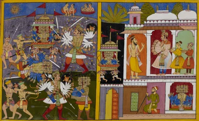 Rāvaṇa wird von Arjuna besiegt und gefangen genommen, dann auf Poulastyas Bitte freigelassen