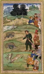 Salim, der sein Gewehr hält, zeigt auf einen toten Nilgai, ca. 1600