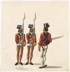 Sepoys und ein indischer Offizier, Bengalische Armee, ca. 1815