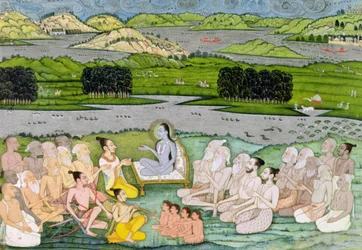 Shri Sukdevji predigt einer Versammlung von Sadhus, Rajasthan, ca. 1757