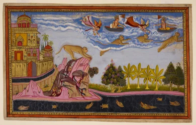 Sita betet für Hanuman, der sie beruhigt und zurückkehrt, durch die Wolken fliegend, mit Blumen überschüttet. 1653 (Miniatur)