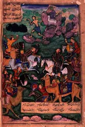 Die Schlacht der Clans, Folio 15b aus dem Gedicht Layla und Majnun, geschrieben von Amir Khusrau Dihlavi (1253-1325) basierend auf der Geschichte aus dem Khamsa (Quintett) von Nizami, Mughal