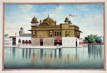 Der Goldene Tempel in Amritsar, aus Das Königreich Punjab, seine Herrscher und Häuptlinge, Band I, ein Band mit 27 Aquarellstudien eines unbekannten indischen Künstlers, ca. 1840