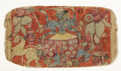 Die Göttin Kali kämpft gegen Dämonen, aus Durga greift die Dämonen Shambha und Nishumbha an